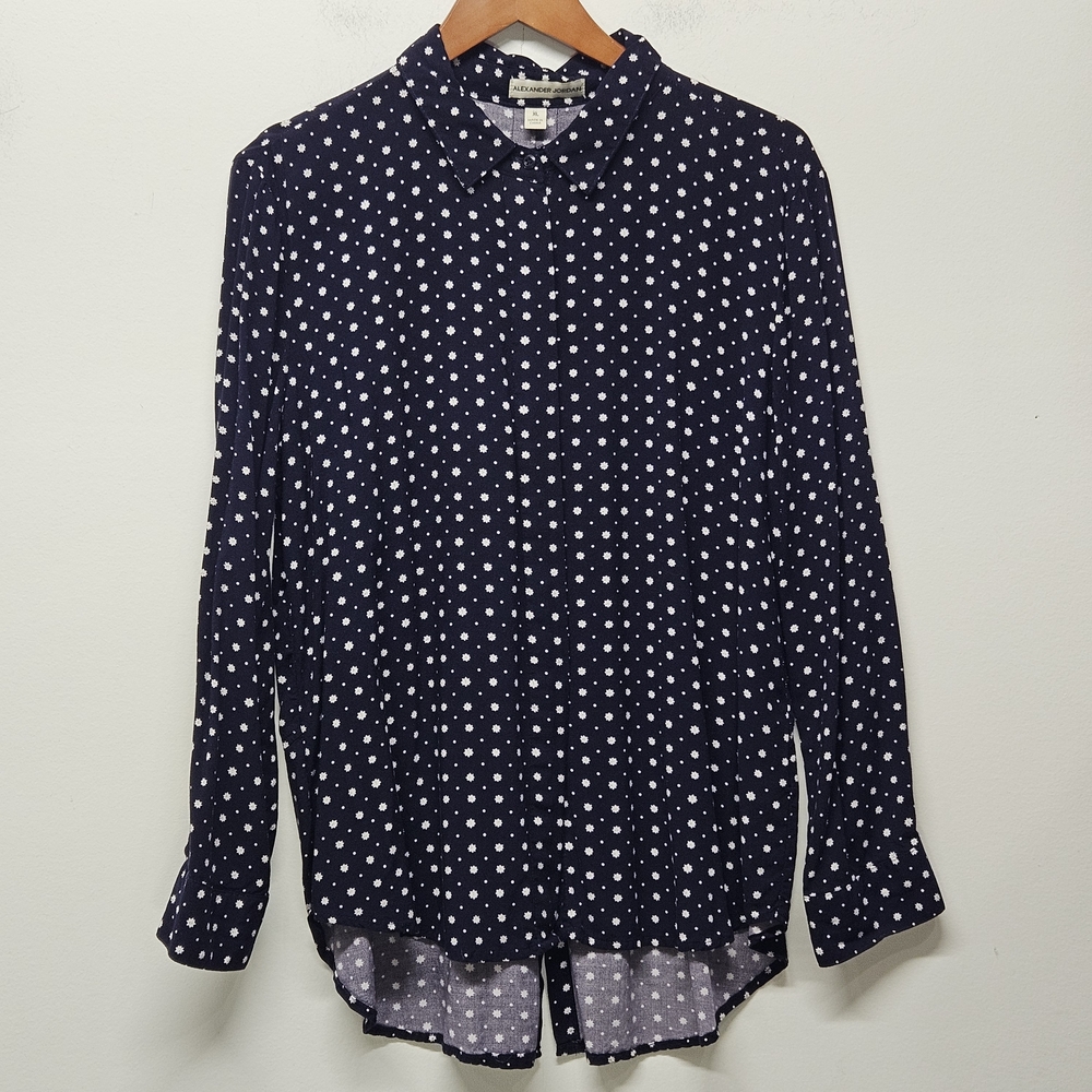 Alexander Jordan Button Long Sleeve Shirt Size XL Navy Star Print Hi-Low Preppy